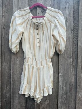 Vintage Havana Cream Beige Stripe Smocked Romper Boho NWOT Medium